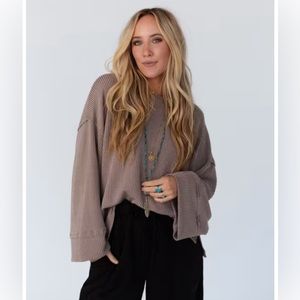 NWT-Three Bird Nest-Love it Round Neckline Textured Top-Mocha-Small